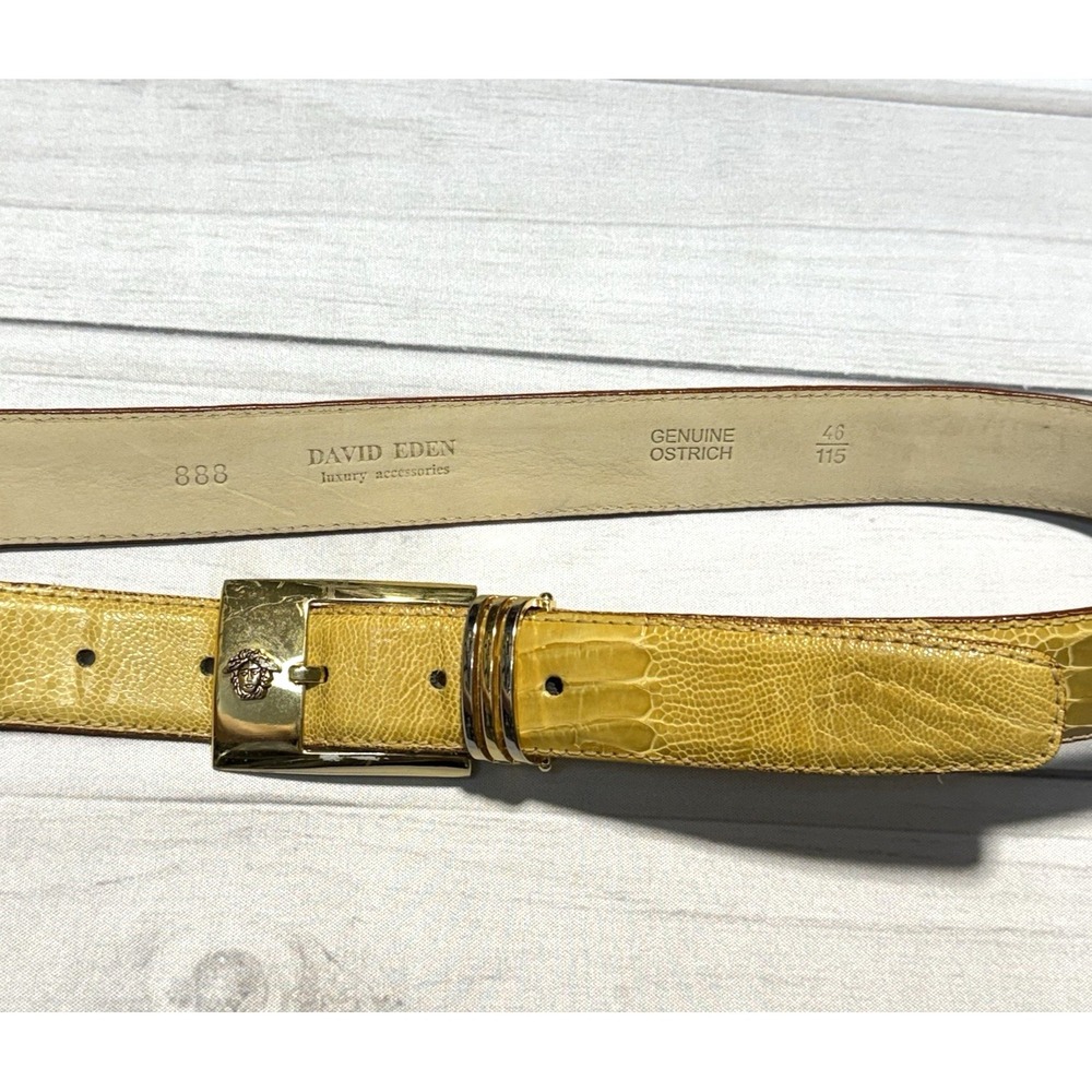 David Eden Belt Mens 46 Yellow Genuine Ostrich Leather Gold Medusa Buckle 1"